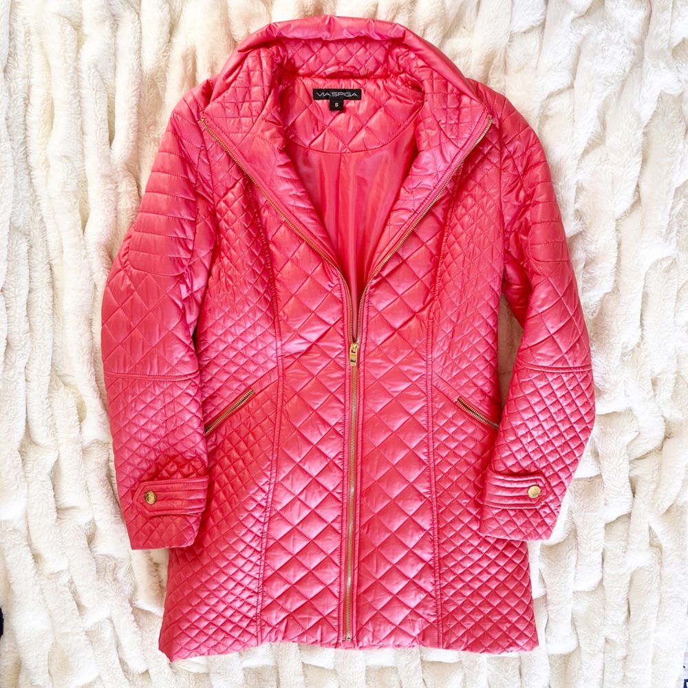 Via Spiga Hot Pink Puffer Coat With Gold Hardware Small - Picture 8 of 9